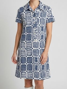 VTG 60s/70s Serbin Traveler Mod Geometric Tile Shift Dress | Navy & White | L